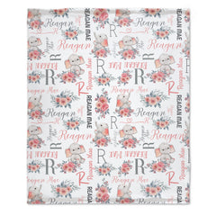 Pink Gray Personalized Baby Girl Name Blanket, Floral Elephant Girl Blanket