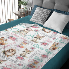 Livraison gratuite✈️Couverture personnalisée avec nom d'animaux des bois pour bébé - Cadeau pour bébé