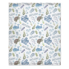 Livraison gratuite✈️Couverture personnalisée avec nom de bébé – Thème océan, animaux de l'océan – Cadeau pour nouveau-né.