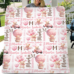Pink Teddy Bear Baby Girl Blanket, Personalized Baby Blanket, Bear with Balloons