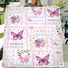 Personalised Purple Butterfly Floral Baby Blanket - Customised Gift for Baby Shower