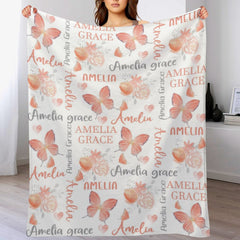 Livraison gratuite✈️Couverture personnalisée avec nom de bébé fille, motif floral corail papillon