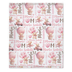 Pink Teddy Bear Baby Girl Blanket, Personalized Baby Blanket, Bear with Balloons