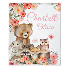 Livraison gratuite✈️Couverture personnalisée pour bébé fille avec animaux de la forêt, couverture avec nom floral de la forêt
