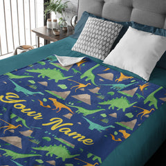 Personalized Custom Dark Blue Dinosaur Blanket for Kids - Boys Girls Baby Toddler Infants Blankets for Bed