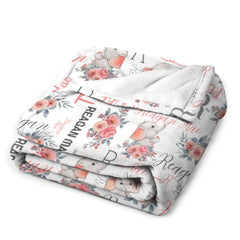 Pink Gray Personalized Baby Girl Name Blanket, Floral Elephant Girl Blanket