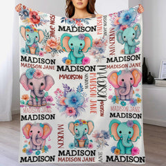 Personalized Flowers Elephant Baby Customized Name Blanket