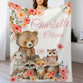 Livraison gratuite✈️Couverture personnalisée pour bébé fille avec animaux de la forêt, couverture avec nom floral de la forêt