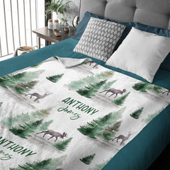 Baby Swaddle Blanket -Custom Baby Name Shower Gift -Personalized Baby Boy Blanket with deer -Woodland Style
