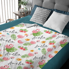 Flamingo Baby Swaddle Personalized Baby Girl Blanket - Custom Name Blanket - Baby Shower Gift Blanket