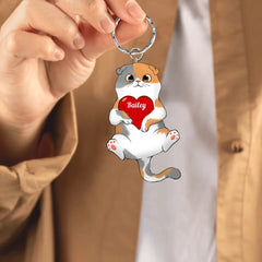 Porte-clés acrylique personnalisé Fluffy Cat Holding Heart