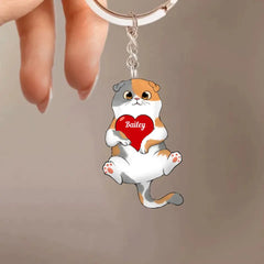 Porte-clés acrylique personnalisé Fluffy Cat Holding Heart