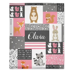 Couverture bébé personnalisée avec prénom pour fille - Petit ours lapin Sika cerf renard