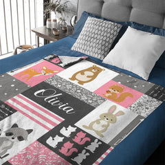 Couverture bébé personnalisée avec prénom pour fille - Petit ours lapin Sika cerf renard