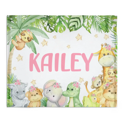 Cadeau personnalisé de couverture de nom de bébé, décor de pépinière de jungle, cadeau d’anniversaire d’enfant en bas âge, couverture de girafe d’éléphant de singe