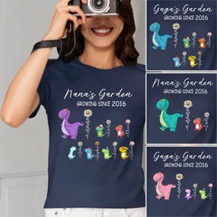 T-shirt Nana's Garden - Nom personnalisé Fleurs du mois des dinosaures