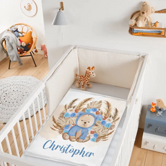 Personalized Bear Blanket With Yellow Leaves Background And Flowers