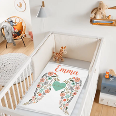 Personalized Angel Wings Baby Blanket, Custom Name Baby Blanket, Floral Heart Nursery Decor