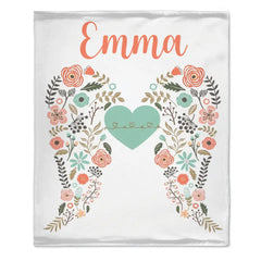Personalized Angel Wings Baby Blanket, Custom Name Baby Blanket, Floral Heart Nursery Decor