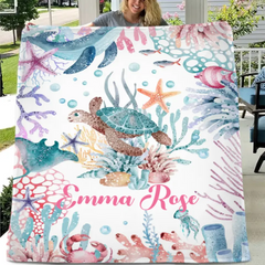 Personalized Colorful Under the Sea Turtle Blanket