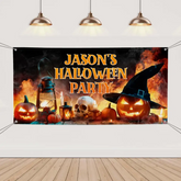 Custom Halloween Party Decoration Banner - Personalized Orange Pumpkin Skull Banner - Halloween Party Supplies for Indoor and Outdoor Decoration