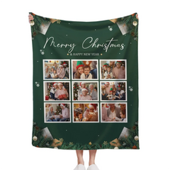Customizable Christmas Home Blanket with 9 Photos - Christmas Themed Personalized Family Photo Soft Flannel Blanket - Christmas Gift For Family,Party