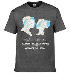 Customized Couple T-shirt - Personalized Name,Date,Map Location Silhouette Couple's Clothing - A Gift For Boyfriend,Girlfriend,Husband,Wife,Anniversary