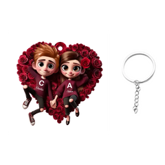Customized Rose Heart Couple Keychain - Personalized Name and Couple Character Decorated Heart Keychain - A Gift For Couples,Wife,Husband,Girlfriend,Boyfriend,Her,Him