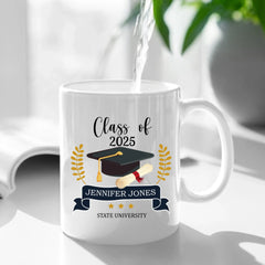 Tasse cadeau de remise de diplôme personnalisée avec casquette de célibataire, promotion 2024