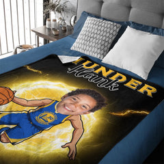 Personalized Name Face Custom Cartoon NBA Blanket - Gift for Warriors Fans
