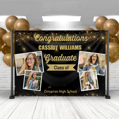 Personalized Graduation Party Banner | Gold 4-Photo Collage Class of 2025 | Custom Celebration Backdrop