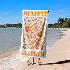 Custom Name Floral Beach Towels, Checkered Flowers Personalized Pool T