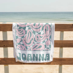Custom Name Floral Beach Towels, Checkered Flowers Personalized Pool T