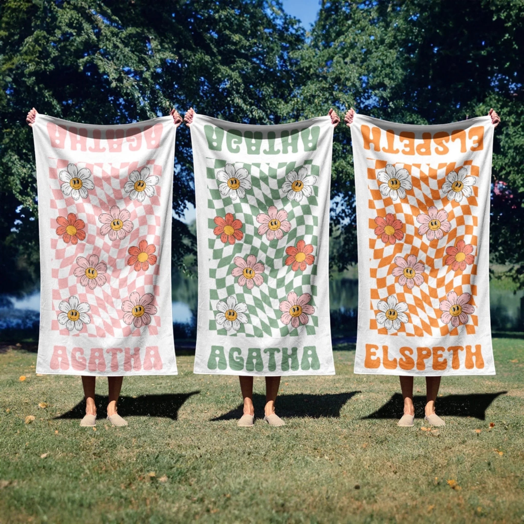 Custom Name Floral Beach Towels, Checkered Flowers Personalized Pool T