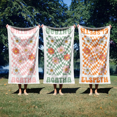 Custom Name Floral Beach Towels, Checkered Flowers Personalized Pool T