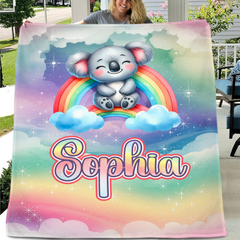 The Dreaming Koala On The Rainbow Custom Blanket - Personalized Name - Start The School Season - SDG
