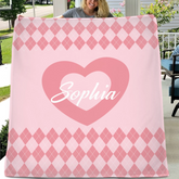Custom Vintage Checker Heart Blanket – Personalized Argyle Heart Soft Throw – Gift for Girls