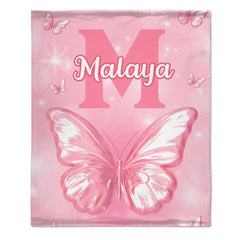 Pink Butterfly Pattern Name Custom Initials Custom Girl Blanket - A Gift For Girls