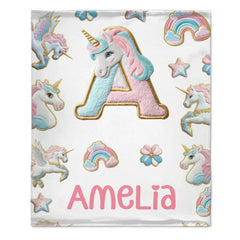 Custom Unicorn Alphabet Blanket - Personalized Initial & Name Rainbow Throw - Gift for Girls, Kids