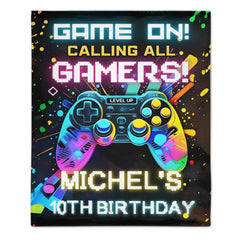 Custom Gaming Party Blanket– Personalized Level Up Birthday Throw – Gift for Boys & Girls