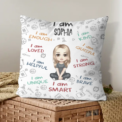 I Am Enough, Loved, Helpful, Unique, Smart - Personalized Cartoon Characters and Name Pillow - Gift for Kids, Children