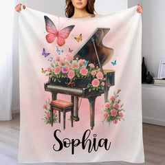 Custom Piano Flower Blanket - Personalized Piano & Butterfly Throw - Gift for Women & Girls