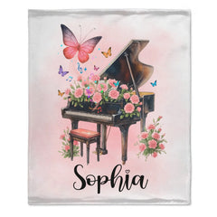 Custom Piano Flower Blanket - Personalized Piano & Butterfly Throw - Gift for Women & Girls