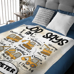 Customized Construction Vehicle Dinosaur Animal Blanket - Personalized Name - Gift for Kids
