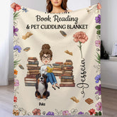 Customized Reading Girl Who Loves Books & Pets Birth Month Flower Blanket - Personalized Cartoon Characters and Name - Gift for Reading Lovers, Pet Owners
