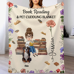 Customized Reading Girl Who Loves Books & Pets Birth Month Flower Blanket - Personalized Cartoon Characters and Name - Gift for Reading Lovers, Pet Owners