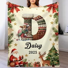 Customized Cute Animals Knitted Letter Design Blanket - Personalized Name And Initial Letter - Christmas Gift For Family, Friends