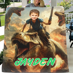 Custom Dinosaur Blankets Personalized Boy Riding Dinosaur Blanket