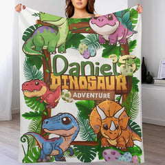 Custom Dinosaur Adventure Blanket – Personalized Jungle Dino Throw – Gift for Boys