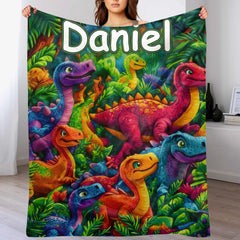 Custom Colorful Dinosaur Blanket – Personalized Dino Jungle Throw – Gift for Kids